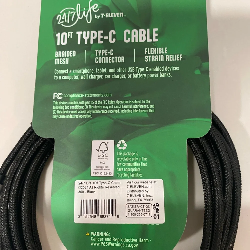 Black USB-C Charger Cable 10ft for Type C Devices